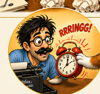 A startled Moustache Guy wakes at his typewriter as an old-fashioned alarm clock rings beside Lily's paw.
