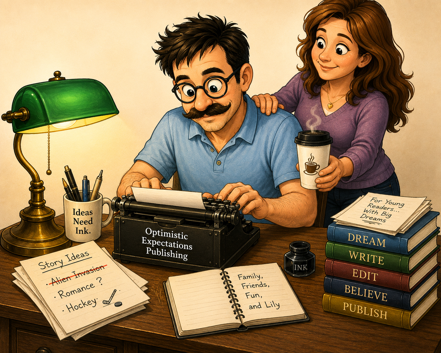 A writer at a vintage typewriter surrounded by story ideas while a woman brings him coffee, illustrating the creative spirit of Optimistic Expectations Publishing.